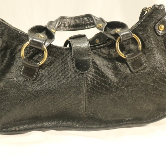 Vtg Kate Landry Black Cow Hair Gold Buckle Purse - Picture 6 of 11